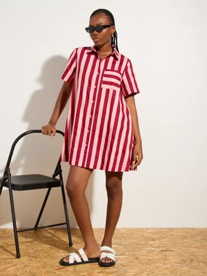 Women's Canvas Stripe Trapeze Shirt Dress Burgundy & Pink