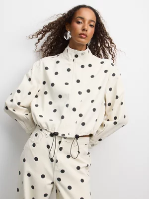 The FIX Women's Ecru Polka Dot Funnel Neck Denim Jacket