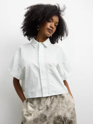 The FIX Women's Green/White Poly Cotton Boxy Cropped Shirt 