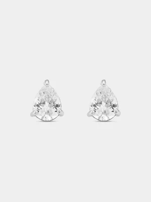Sterling Silver Cubic Zirconia Pear Solitaire Stud Earrings 