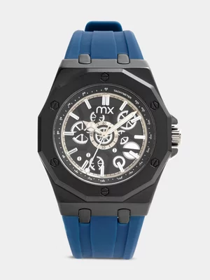 MX Black Plated White Dial Automatic Look Blue Silicone Watch