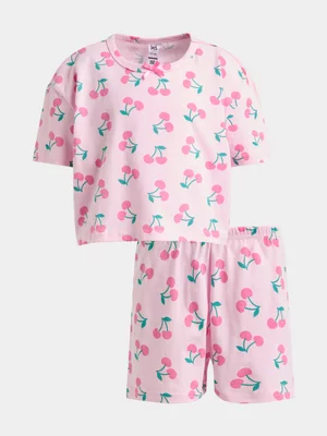 Jet Younger Girls Pink Cherry Print Short PJ Set 
