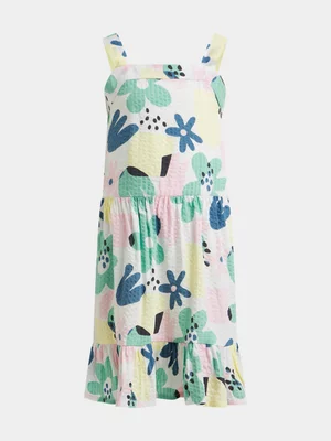 Exact Older Girl's White Floral Print Textured Tiered Dress