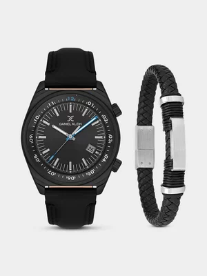 Daniel Klein Black Plated Black Leather Watch & Stainless Steel Black Leather Bracelet Set 