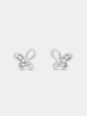 Sterling Silver Lab Grown Diamond Open Butterfly Stud Earrings 
