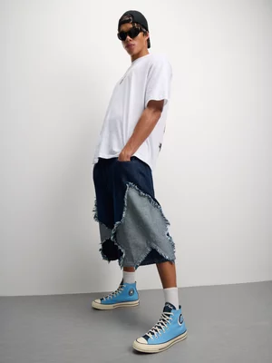 The FIX Men's Blue Wash Denim Bermuda Shorts With Star Frayed