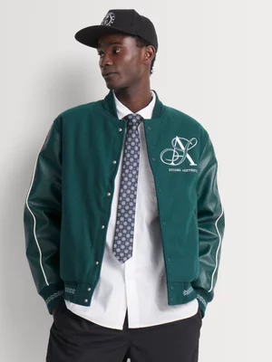 Markham Men's Melton Varsity Pine Green Bomber Jacket  