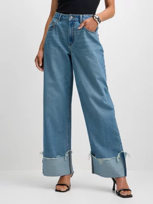 Jet Women's Mid Wash Frayed Hem Turn-Up Wide Leg Denim Jeans