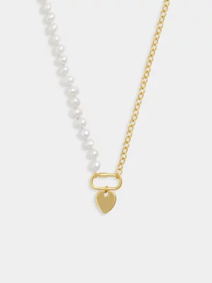 Gold Plated Sterling Silver Freshwater Pearl & Chain Heart Necklace 