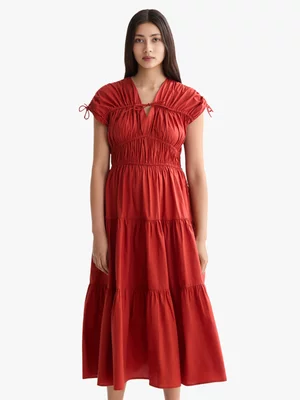 Women's Scotch&Soda Red Gathered Midi Dress With Tied