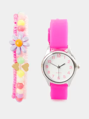 Girl's Pink Watch & Flower Bracelet Set 
