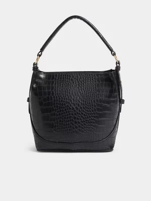 Exact Women's Black Faux Croc Bucket Bag