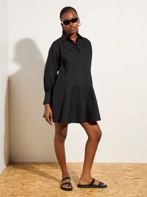 Women's Canvas Dropped Waist Shirt Dress Black