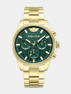 Police Malawi Green Dial Gold Plated Stainless Steel Multi Dial Bracelet Watch
