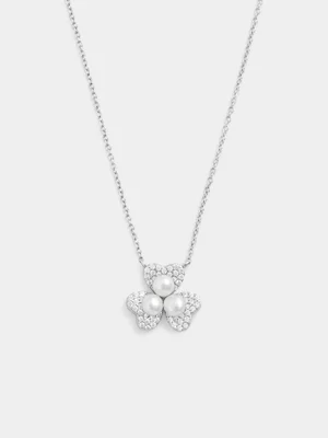 Sterling Silver Freshwater Pearl & Cubic Zirconia Clover Heart Pendant