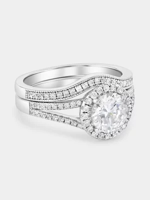 Sterling Silver Cubic Zirconia Round Halo Triple Set Ring 