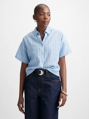 Exact Women's White & Blue Striped Boxy Shirt