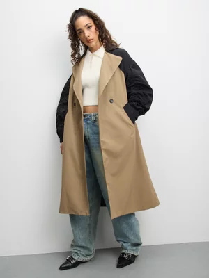 The FIX Women's Stone Taslon Trench Coat With Contrast Sleeves