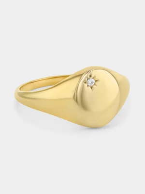Yellow Gold Diamond Pavé Oval Signet North Star Ring 