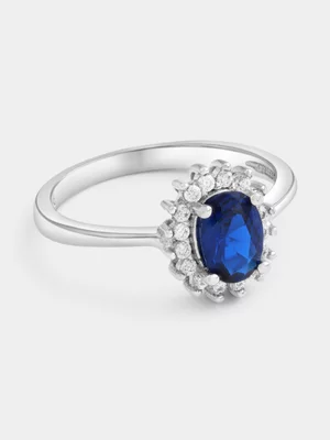 Sterling Silver Sapphire Blue Cubic Zirconia Oval Halo Ring