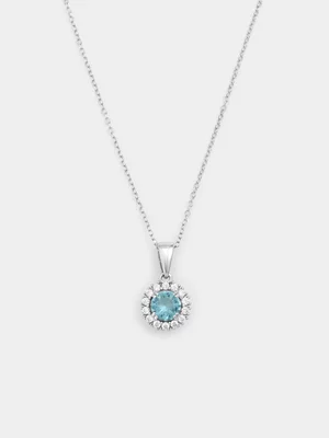 Sterling Silver Aquamarine Cubic Zirconia Round Halo Pendant  