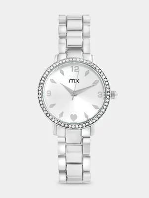 MX Silver Plated Silver Tone Dial Heart Bracelet Watch 