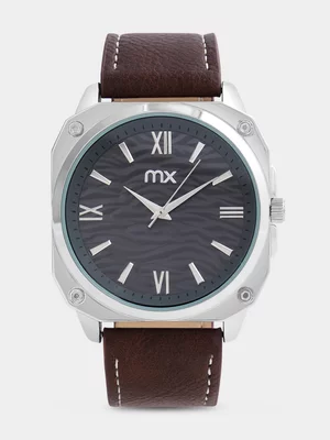 MX Silver Plated Square Grey Dial Brown Faux Leather Watch 