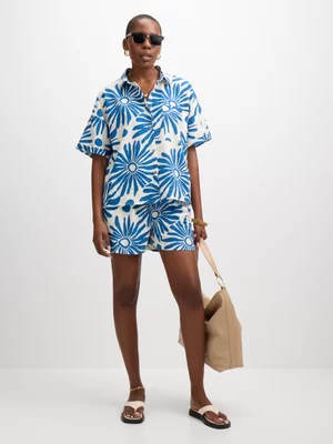 Jet Women's Blue Printed Linen Shorts