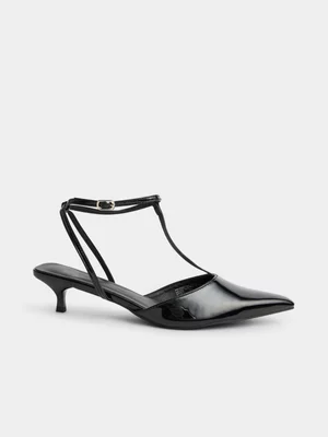 Jet Women's Black T-Bar Ankle Tie Kitten Heel