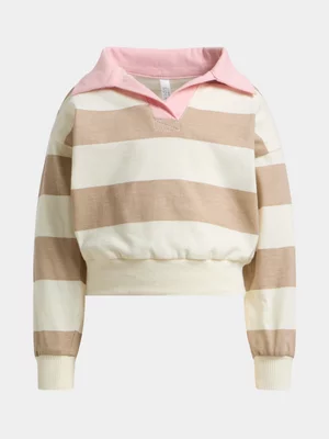 Exact Older Girl's White & Natural Striped Polo Top