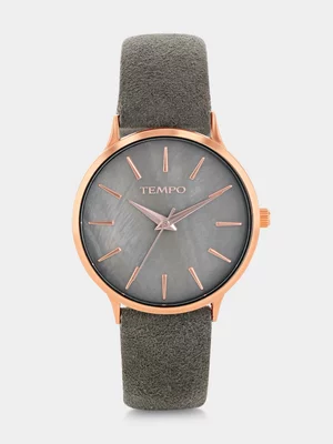 Tempo Silver Plated Grey Mother Of Pearl Dial Grey Leather Watch 