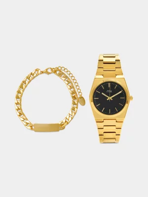 MX Gold Plated Black Dial Bracelet Watch & Curb ID Bracelet Set