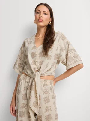 Button Detail Front Tie Shirt