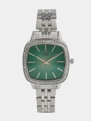 MX Silver Plated Green Dial Cushion Bracelet Watch 