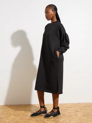 Women's Canvas Pleated Sleeve Sweat Dress Black