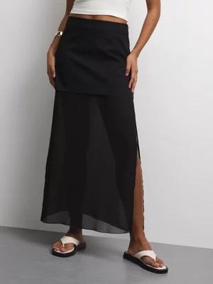 The FIX Women's Black Faux Mini Skirt With Chiffon Overlay 