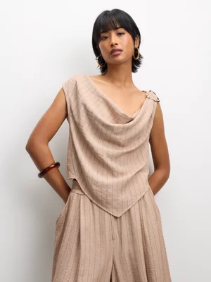 The FIX Women's Taupe Stripe Co-ord Linen Cowl Top with Hardware 