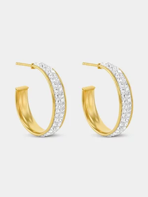 Yellow Gold & Sterling Silver Crystal Open Hoop Earrings 