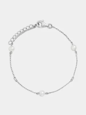 Sterling Silver Lab Grown Diamond & Freshwater Pearl Station Bracelet 
