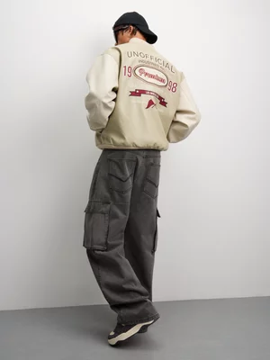 The FIX Men's Cream PU Unnoficial Graphic Bomber Jacket