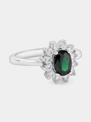 Sterling Silver Green Cubic Zirconia Oval Halo Ring  