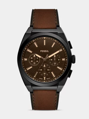 Fossil Everett Black Plated Stainless Steel Brown Leather Chronograph Watch