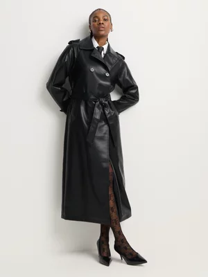 Pleather Raglan Sleeve Belted Trench Coat