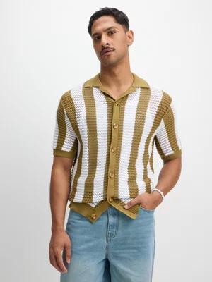 Exact Men's Fatigue & White Striped Crochet Shirt