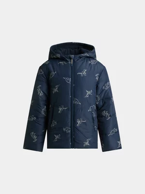 Exact Younger Boy's Navy Dino Print Puffer Jacket 