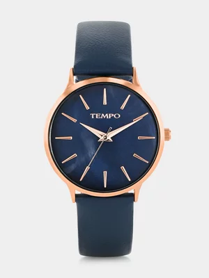 Tempo Rose Plated Navy Mother Of Pearl Dial Navy Leather Watch 