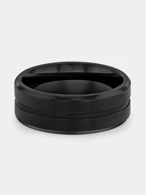 Brushed Stainless Steel Black-Toned Groove Detail Men’s Ring