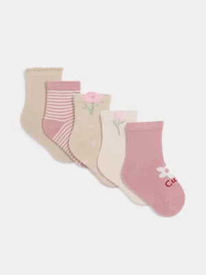 Jet Baby Girls 5 Pack Pink Flowers Jacquard Socks