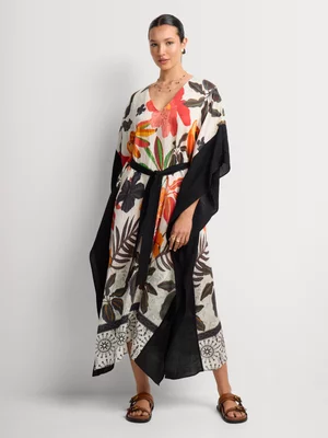 Tropical Print Belted Maxi Kaftan Dress