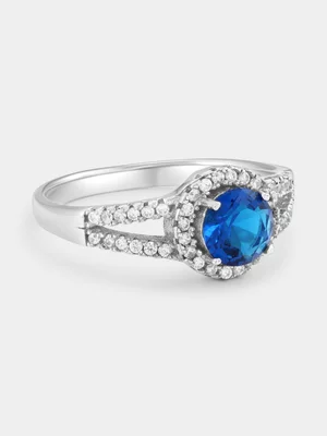 Sterling Silver Sapphire Blue Cubic Zirconia Round Halo Ring